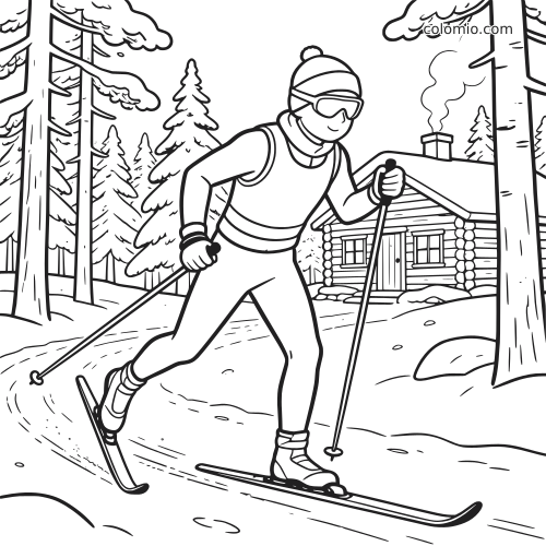 Um esquiador finlandês de esqui cross-country desliza por uma trilha nevada na floresta, perto de uma cabana de madeira.