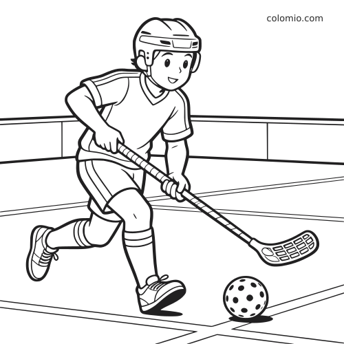 Um jogador de floorball em estilo cartoon, com capacete e taco, corre em direção à bola em uma quadra interna.