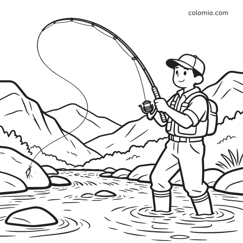 Uma criança em estilo cartoon pesca com vara em um riacho raso de montanha, usando botas, boné e mochila, com pedras e morros ao fundo.