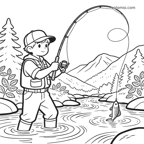 Uma criança em pé no riacho segura uma vara de pesca curvada, com um peixe fisgado em uma paisagem de montanhas.