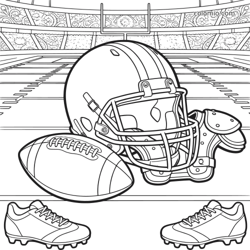 Capacete de futebol americano com ombreiras, bola e chuteiras em campo de estádio, em contorno preto e branco detalhado.