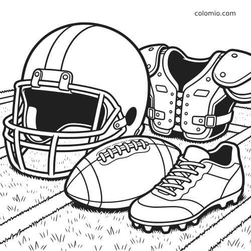 Conjunto em preto e branco de futebol americano com capacete, ombreiras, bola e chuteira sobre um campo gramado.