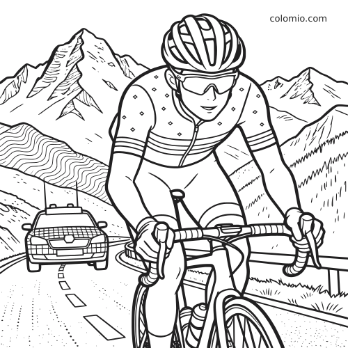 Ilustração em traços de um ciclista de estrada pedalando em uma etapa alpina francesa, com um carro de apoio na estrada sinuosa atrás.