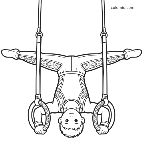 Ilustração em preto e branco de um ginasta pendurado de cabeça para baixo nas argolas, com collant estampado e vista frontal.