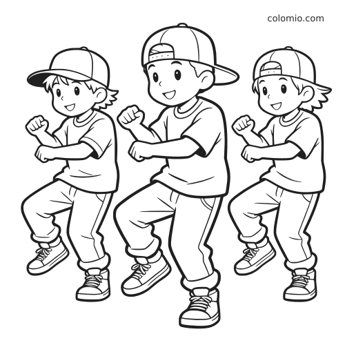 Três crianças em estilo cartoon, com bonés e tênis, fazem passos de dança hip hop em um desenho em preto e branco.