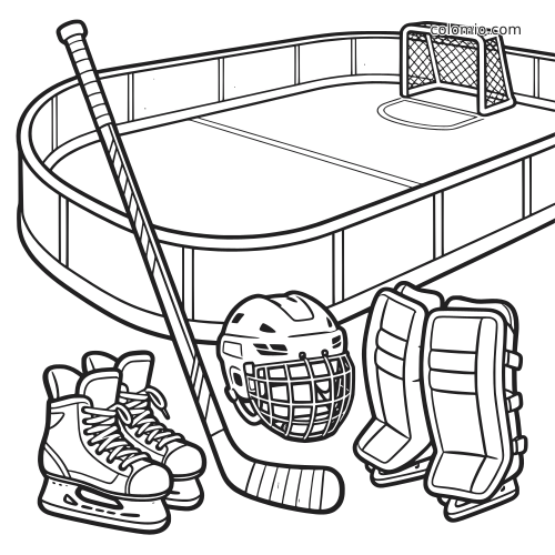 Ilustração em preto e branco de uma pista de hóquei com gol, taco, patins, capacete e proteções de goleiro.