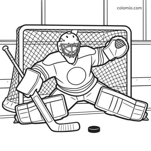 Desenho em preto e branco de um goleiro de hóquei diante do gol, com os braços abertos para bloquear o disco no gelo.