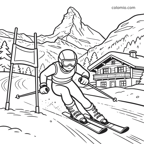 Um esquiador desce em alta velocidade por um portão nos Alpes Italianos, com montanha nevada, pista de neve e chalé alpino.