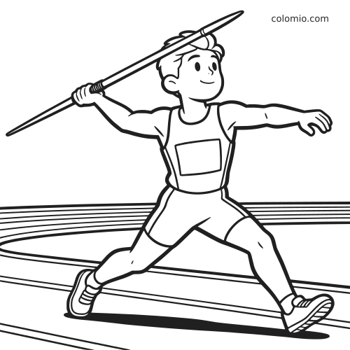 Atleta em estilo cartoon correndo na pista enquanto se prepara para lançar um dardo, em contorno preto e branco.