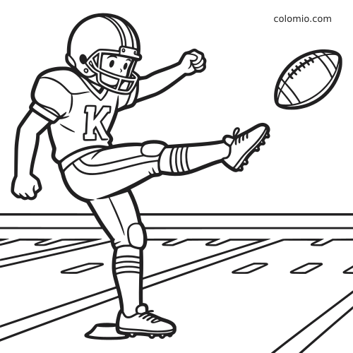 Desenho em preto e branco de um jogador de futebol americano chutando a bola no campo, com capacete, uniforme e bola no ar.