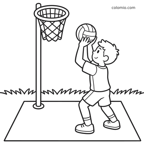 Desenho em preto e branco de uma criança arremessando a bola em uma cesta de korfebol em uma quadra ao ar livre.
