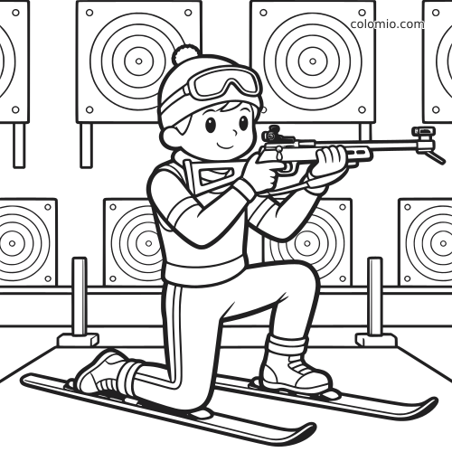 Atleta norueguês de biatlo em estilo cartoon, ajoelhado sobre esquis e mirando um rifle em alvos de tiro.