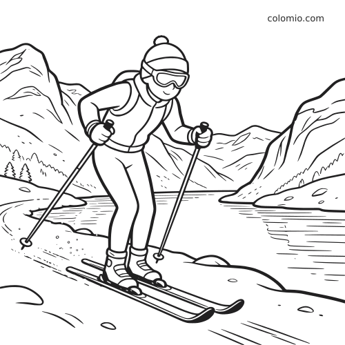 Uma esquiadora norueguesa de esqui cross-country desliza por uma trilha nevada ao lado de um lago, com montanhas ao fundo.