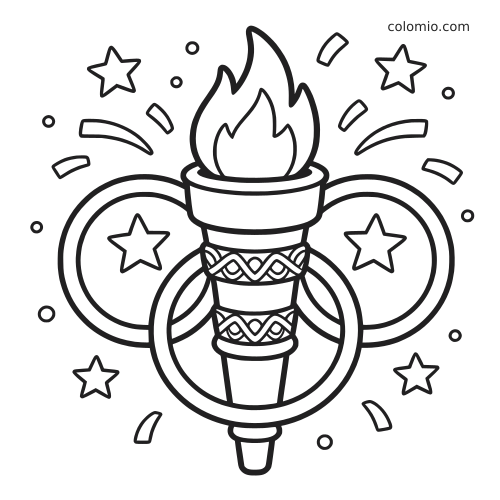 Ilustração em preto e branco de uma tocha olímpica com anéis, estrelas e confetes em traços simples de celebração.