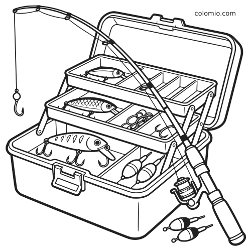Uma caixa de pesca aberta com iscas, anzóis, boias e uma vara de pescar em desenho de contorno preto e branco.