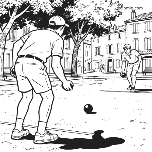 Dois jogadores de petanca em uma praça de vila, com um em primeiro plano, árvores e casas ao fundo.