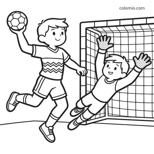 Jogador de handebol em estilo cartoon salta com a bola na mão enquanto o goleiro se joga em frente ao gol.
