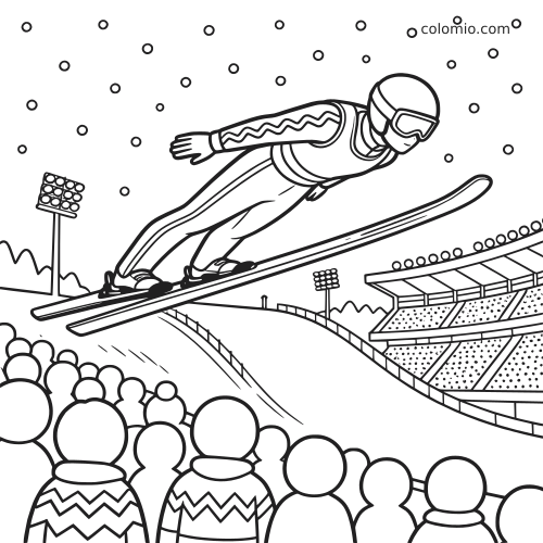 Desenho em preto e branco de um saltador de esqui polonês voando sobre um estádio nevado, com público, refletores e neve caindo.