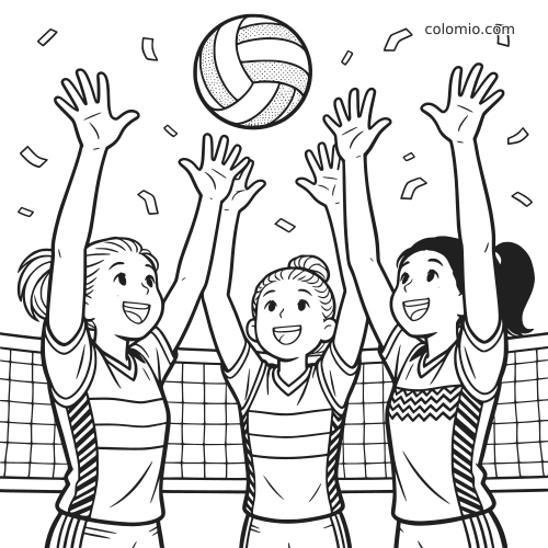 Três jogadoras de vôlei sorrindo com os braços erguidos, bola acima e confetes em uma cena de comemoração.