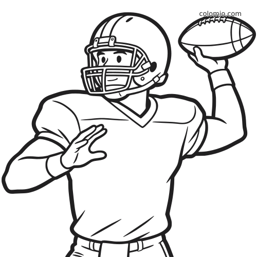 Ilustração em preto e branco de um quarterback de futebol americano com capacete e ombreiras, segurando a bola para lançar.