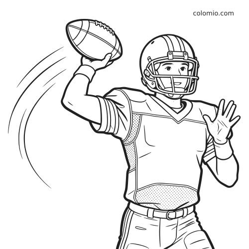 Desenho em preto e branco de um quarterback de futebol americano, com capacete e uniforme, preparando um passe.