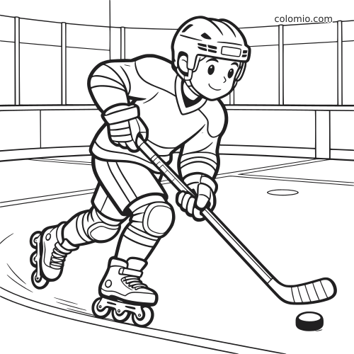 Jogador de hóquei sobre patins em estilo cartoon patinando na quadra, com capacete, proteções, taco e disco.