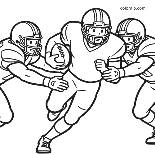 Ilustração em preto e branco de um corredor do futebol americano avançando com a bola enquanto dois defensores tentam derrubá-lo.