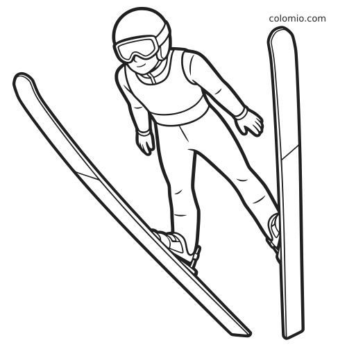 Desenho simples de um saltador de esqui no ar, usando capacete e óculos, com esquis longos inclinados.