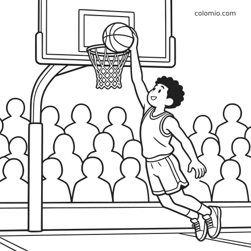 Um jogador de basquete em estilo cartoon salta para fazer uma enterrada na cesta, com a torcida ao fundo.