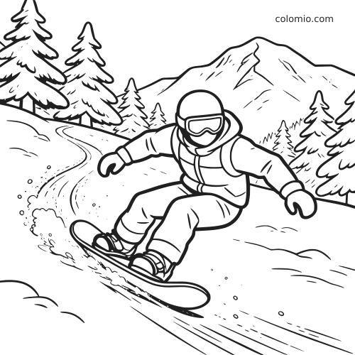 Um snowboarder com óculos e roupa de inverno desce uma encosta nevada, com pinheiros e montanhas ao fundo.