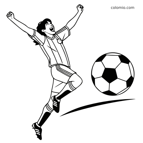 Ilustração em preto e branco de uma jogadora de futebol pulando com os braços erguidos ao lado de uma bola grande.