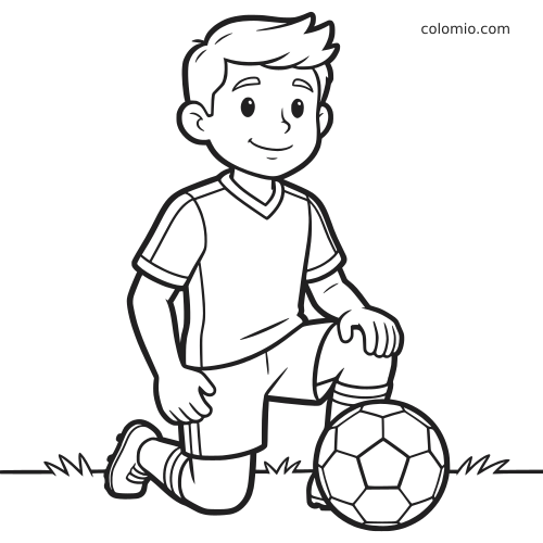 Um jovem jogador de futebol em estilo cartoon está ajoelhado na grama, com um joelho levantado e a bola ao lado.
