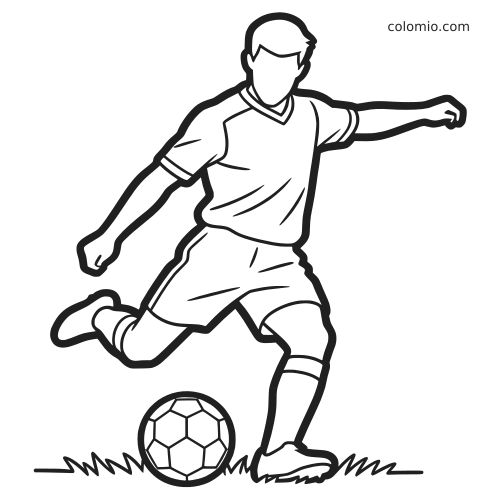 Contorno em preto e branco de um jogador de futebol em pose de chute, com uma perna levantada e a bola na grama.