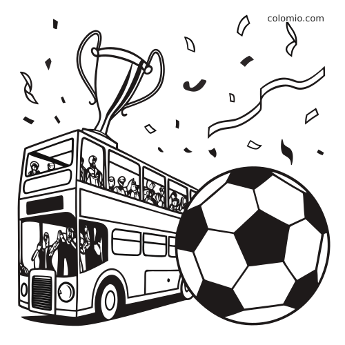 Black-and-white coloring page of a soccer team parade on a double-decker bus with a trophy, confetti, and a large ball.