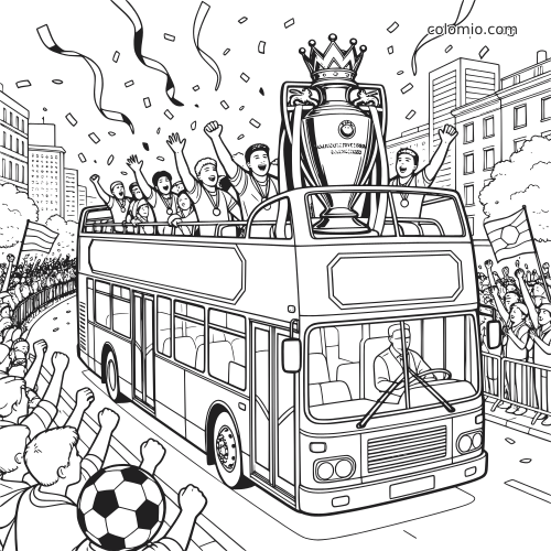 Black-and-white coloring page of a soccer team celebrating on an open-top parade bus with a giant trophy, confetti, and cheering fans.