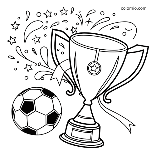 Black-and-white coloring page of a championship cup trophy with a star medal, soccer ball, ribbon, and celebratory confetti.