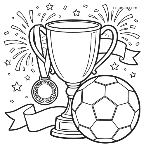 Black-and-white soccer scene with a championship trophy, hanging medal, soccer ball, ribbons, stars, and fireworks.