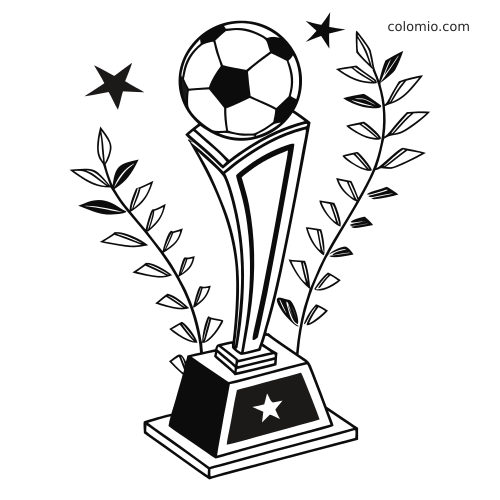 Black and white soccer cup trophy with a ball on top, laurel branches, stars, and a front engraving plate.
