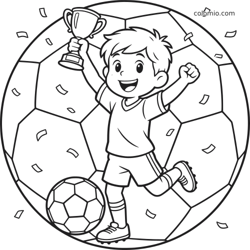 A cute cartoon child in a soccer uniform raises a small trophy beside a soccer ball, with confetti and a ball-pattern background.