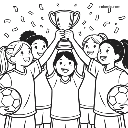 Black-and-white cartoon of a girls soccer team raising a trophy together, with confetti and soccer balls on each side.