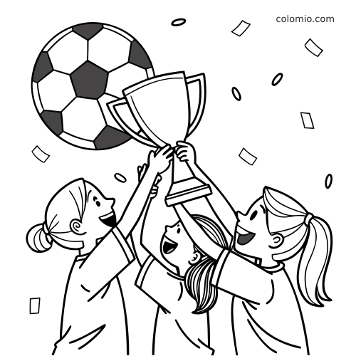 Three girls in soccer shirts lift a large winners cup together, with a big soccer ball and confetti above.