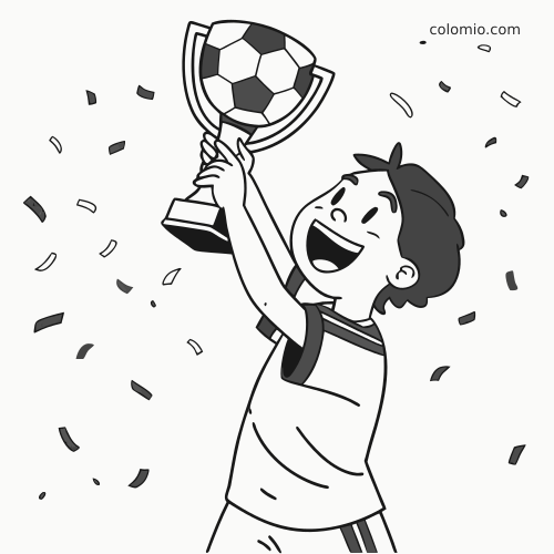A smiling child in a soccer jersey lifts a small cup trophy with a soccer ball top, surrounded by falling confetti.