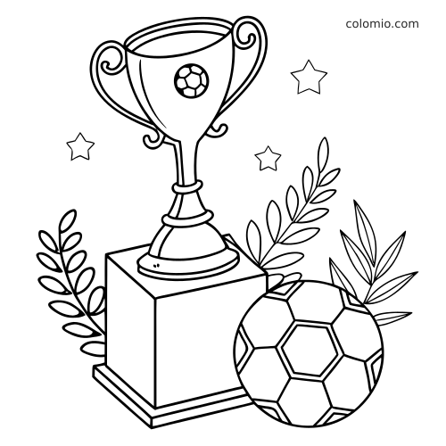 Black-and-white soccer trophy with curled handles on a pedestal, a large ball in front, laurel branches, and stars.