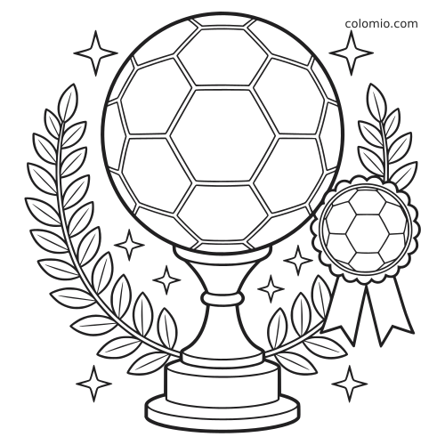 Black and white soccer ball trophy on a pedestal with laurel branches, stars, and a ribbon medal in a clean outline style.