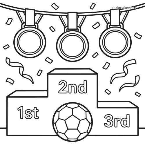 Black-and-white soccer winners podium with 1st, 2nd, and 3rd places, three medals above, confetti, and a ball.