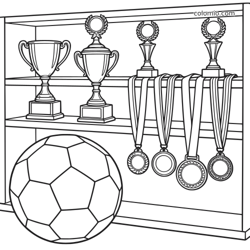 Black-and-white coloring page of a shelf with mini trophies, hanging medals, and a soccer ball in front.