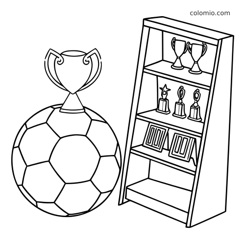 A simple black-and-white coloring page showing a soccer ball trophy beside a shelf with cups, small trophies, and plaques.