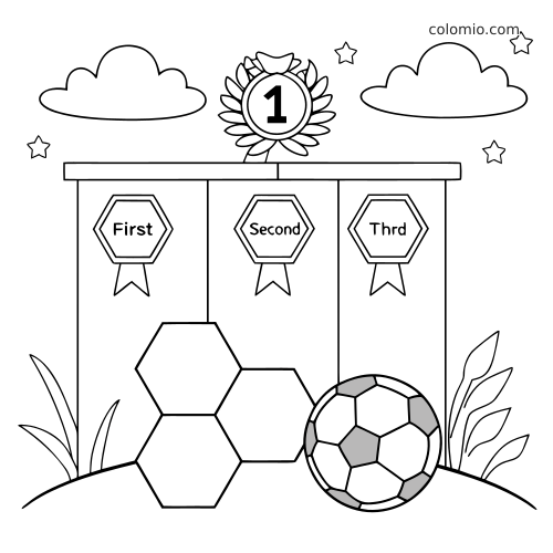 Simple black-and-white soccer winners podium with first, second, and third medals, a number 1 rosette, and a ball.