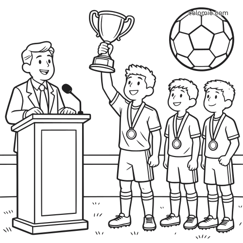 Black-and-white soccer trophy ceremony scene with an announcer at a podium and three medal-winning players, one lifting a cup.