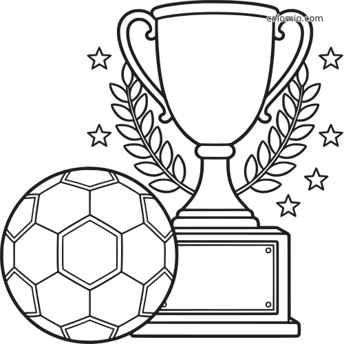A large soccer trophy with an engraving plate, laurel branches, stars, and a soccer ball in front, drawn in simple outline style.